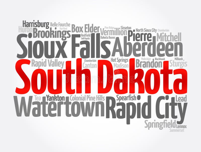 List of cities in South Dakota USA state, map silhouette word cloud map concept background