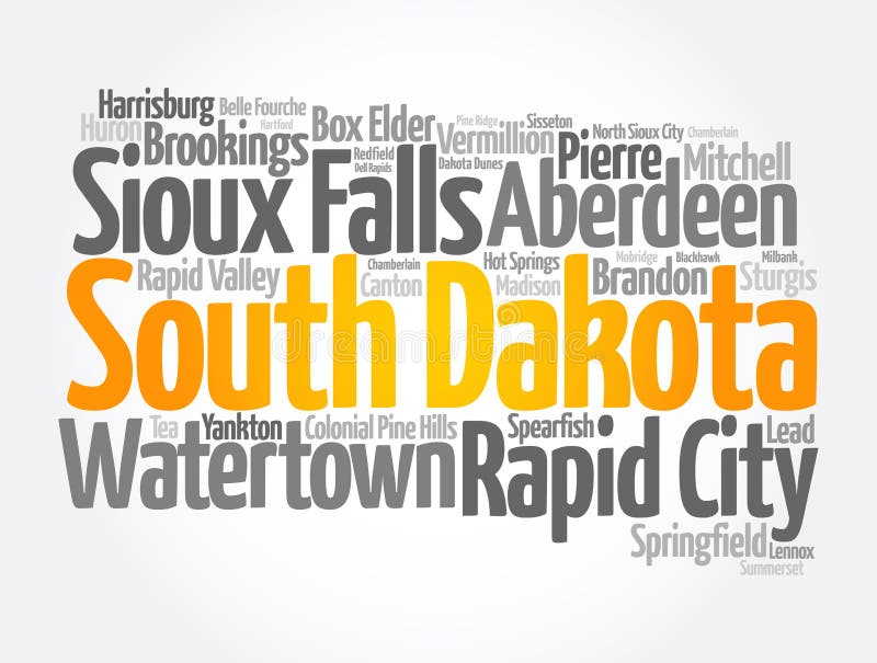 List of cities in South Dakota USA state, map silhouette word cloud map concept background