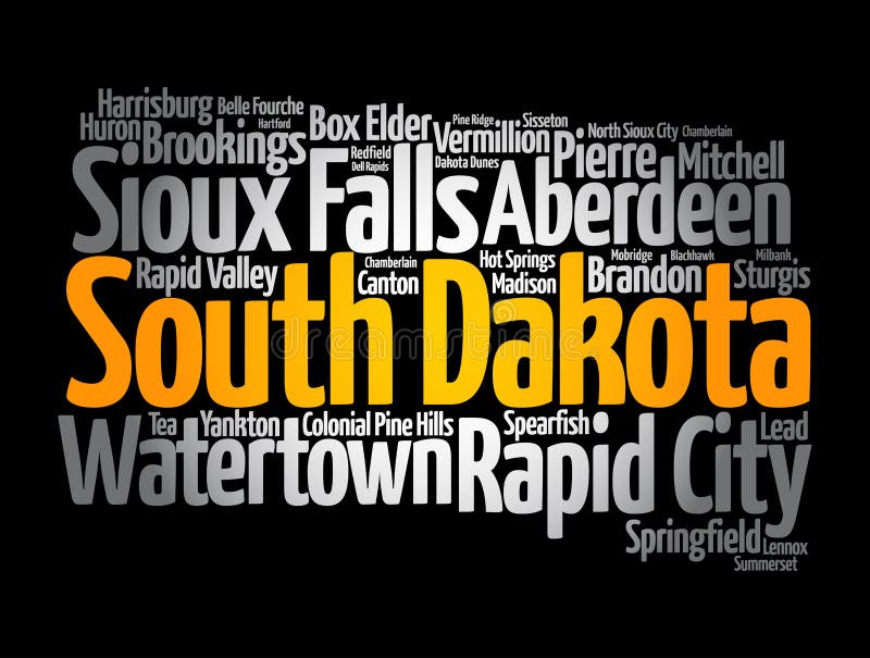 List of cities in South Dakota USA state, map silhouette word cloud map concept background