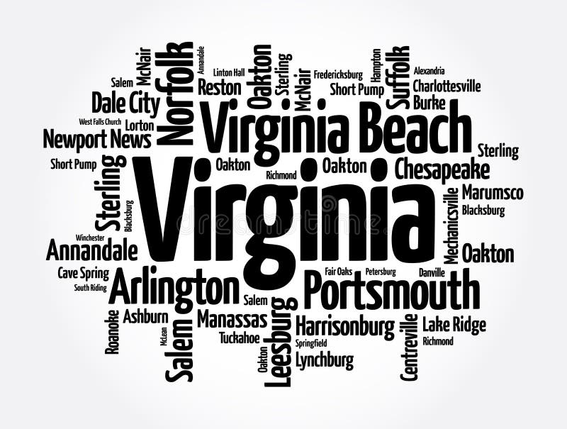 List of Cities in Virginia USA State, Word Cloud Concept Background