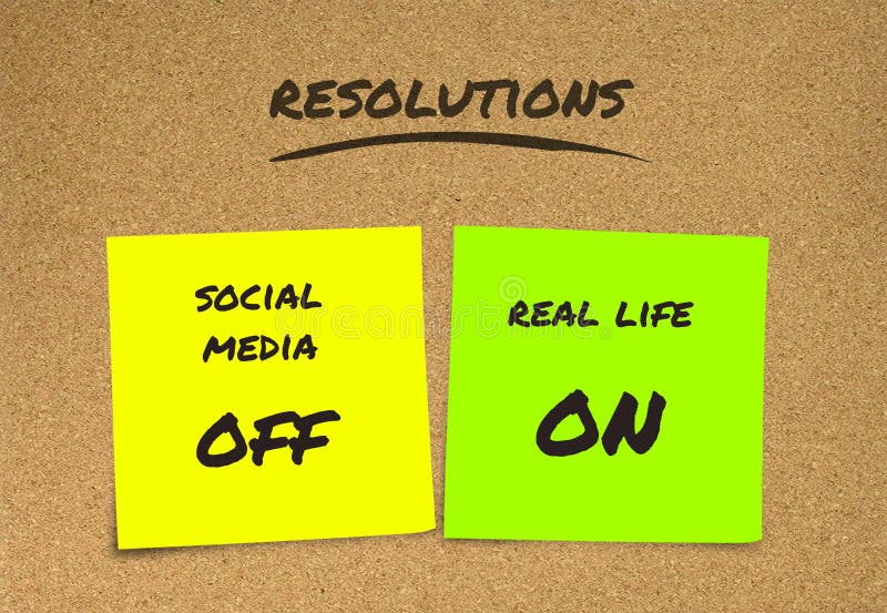 List of handwritten New Years resolutions and goals sticky notes : social media off and real life on in commitment determination