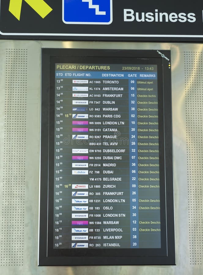 Liste der Abflüge im Flughafen Bukarest, Rumänien lizenzfreies stockbild Liste der Abflüge im Flughafen Bukarest, Rumänien lizenzfreies stockbild