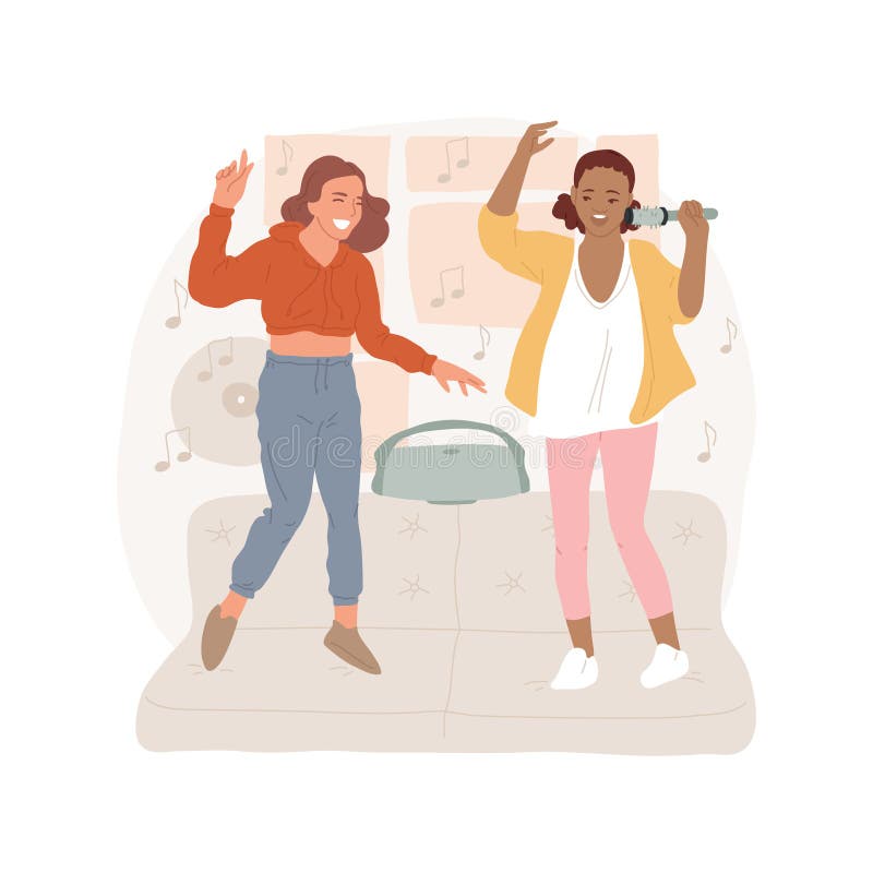 Listening to music isolated cartoon vector illustration. Leisure time at home together, teenages listening to music, dancing in the room with posters on the wall, hanging out vector cartoon.