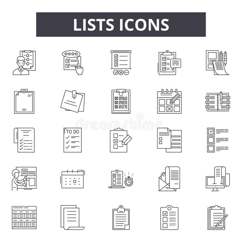 Lists line icons for web and mobile design. Editable stroke signs. Lists outline concept illustrations stock illustration.