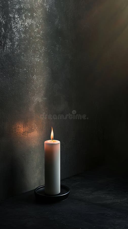 Lit candle casting shadows on dark textured wall, serene and contemplative atmosphere royalty free stock images
