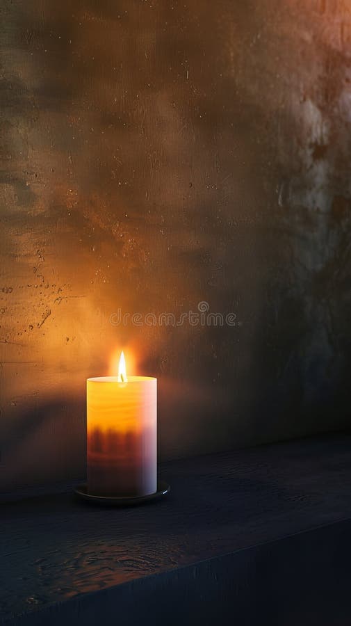 Lit candle on a dark textured surface, warm ambient lighting, calm and serene atmosphere stock photography