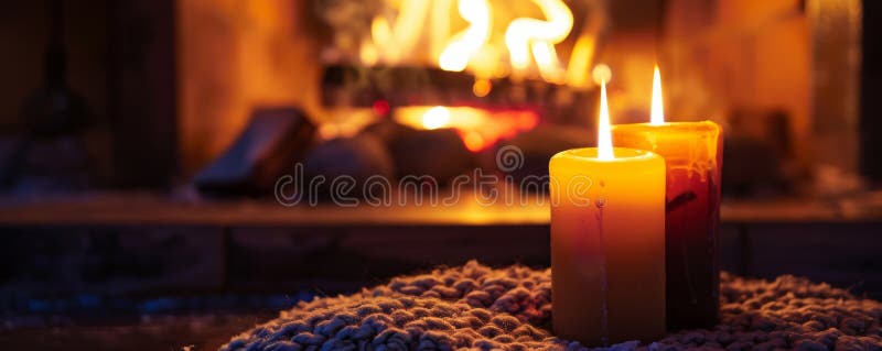 Lit candle in front of a cozy fireplace royalty free stock images