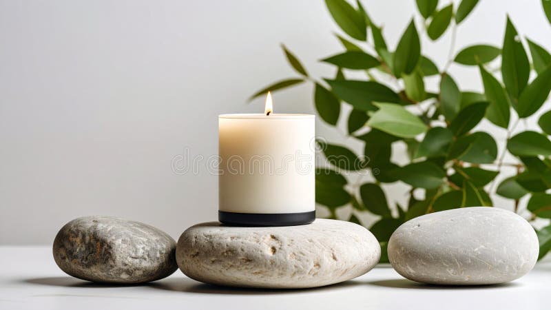 Single premium candle on balanced river stones with fresh greenery