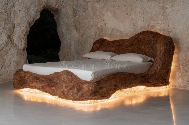 Lit de luxe en bois avec éclairage chaleureux dans un décor de grotte illustration de vecteur