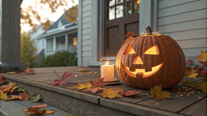 Lit Jackolantern sur Autumn Porch 3D Render Halloween Décor Feuilles automnales illustration libre de droits