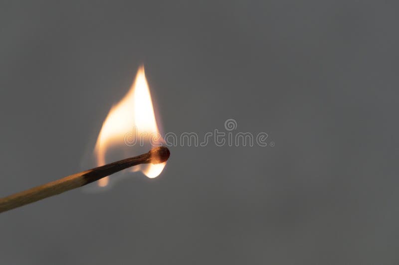 A lit match against a gray background. Fire burns.