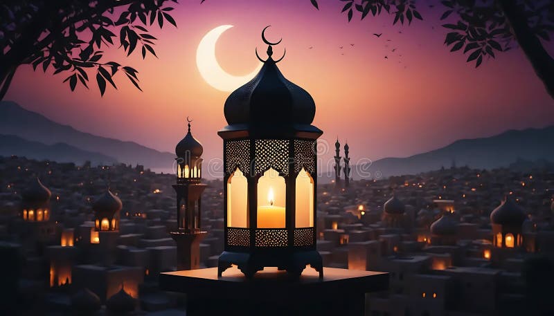 Ornate Lantern Night Cityscape Ramadan Moonlit Scene royalty free stock image