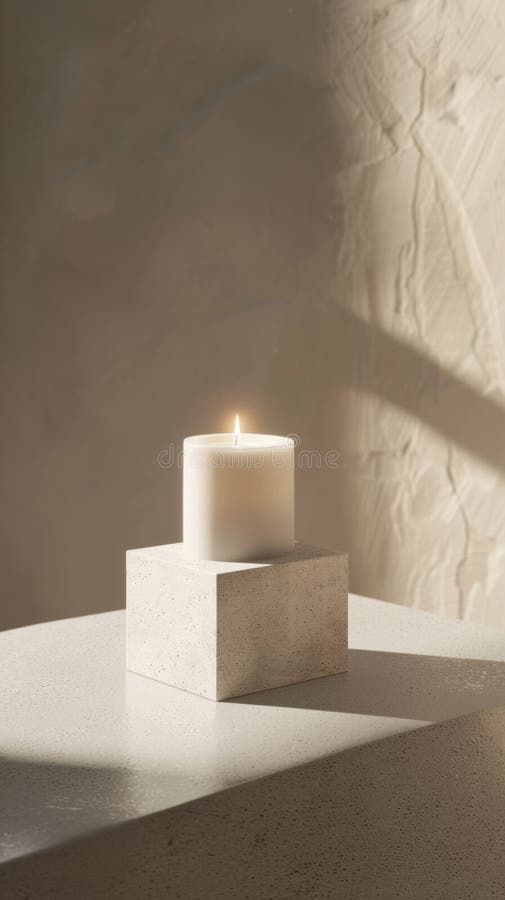 Lit white candle on concrete block with textured background. Serenity and relaxation concept stock image