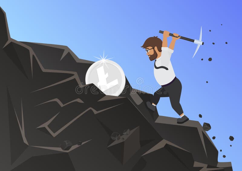 Litecoin que mina el ejemplo plano del vector del hombre barbudo stock de ilustración Litecoin que mina el ejemplo plano del vector del hombre barbudo stock de ilustración