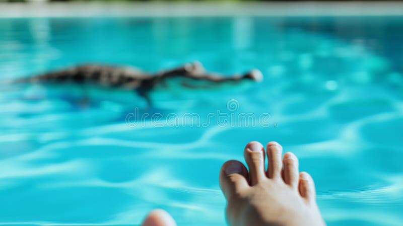 Liten alligator som simmar i en vibrerande blå pool som närmar sig mänskliga fötter som är farliga i vattnet arkivfoto