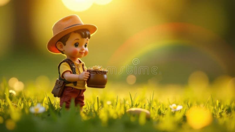 Liten docka för leprechaun i en kompottburk med mynt. AI genererad