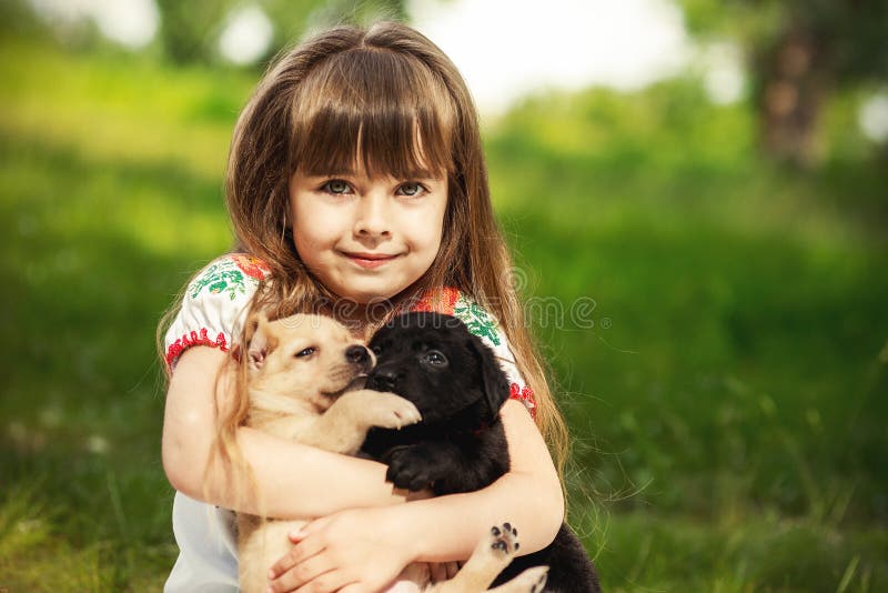 Liten flicka med en golden retrievervalp arkivfoton Liten flicka med en golden retrievervalp arkivfoton