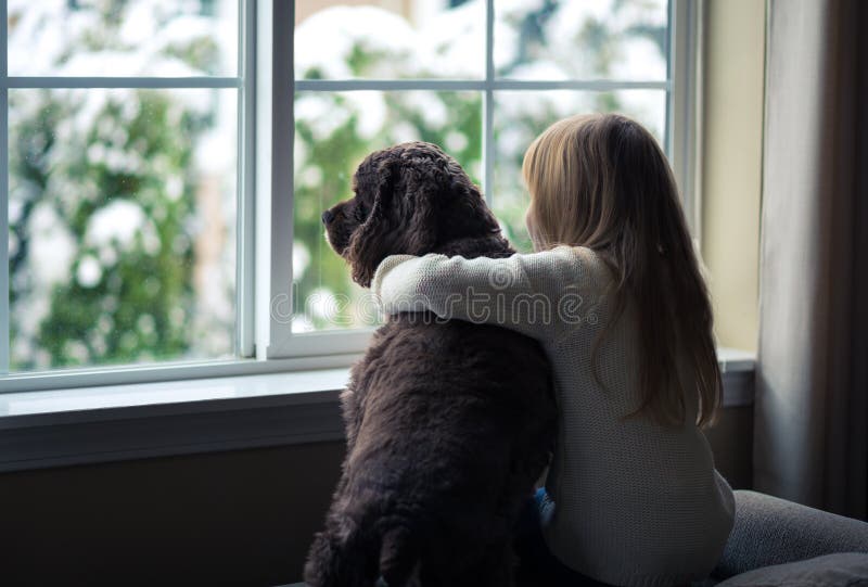 Liten flicka och hennes hund som ut ser fönstret. royaltyfri foto