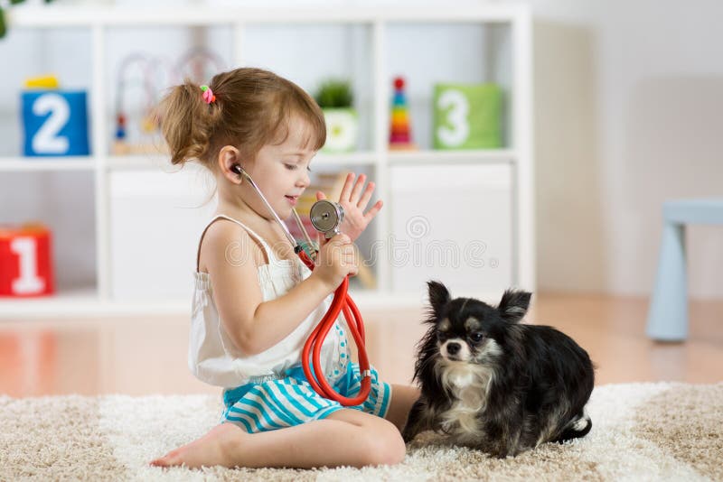 Liten flicka som spelar doktorn med hennes lilla gulliga hund i vardagsrummet royaltyfri bild