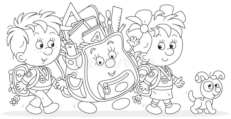 Liten första gradering och cartoony Schoolbag stock illustrationer