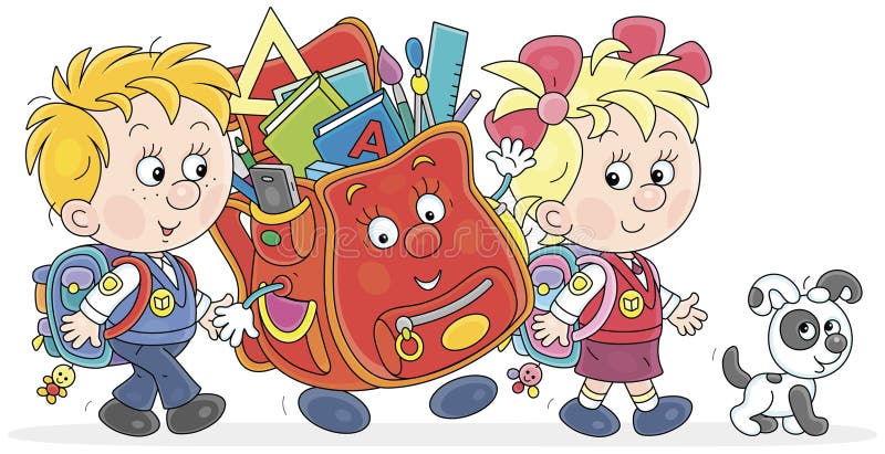 Liten första gradering och cartoony Schoolbag royaltyfri illustrationer