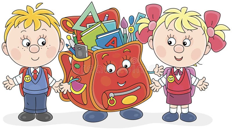 Liten första gradering och cartoony Schoolbag royaltyfri illustrationer
