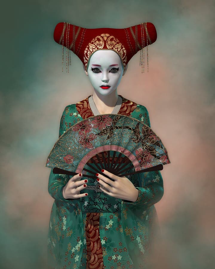 3d computer graphics of a girl with Japanese fantasy clothing and fan. 3d computer graphics of a girl with Japanese fantasy clothing and fan