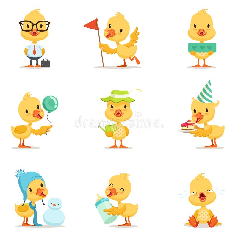 Liten gul Duck Chick Different Emotions And Situations uppsättning av gulliga Emoji illustrationer royaltyfri illustrationer Liten gul Duck Chick Different Emotions And Situations uppsättning av gulliga Emoji illustrationer royaltyfri illustrationer