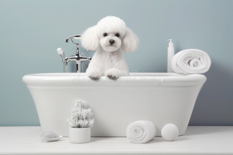 Liten marionettpoodel med bad. ai generativ. Liten söt poodle-valp med bad i badkar.