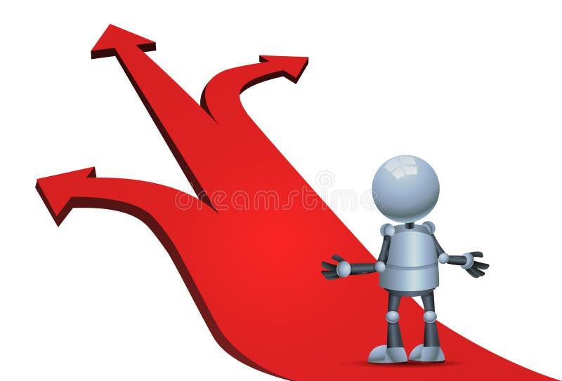 Liten robot som väljer riktningspilen stock illustrationer Liten robot som väljer riktningspilen stock illustrationer