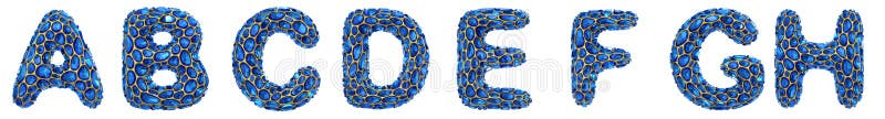 Litera a b d e f g h wykonana z realistycznego 3d renderowanego niebieskiego diamentu. zbiór alfabetu diamentowego ilustracji