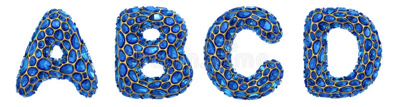 Litera a c d wykonana z realistycznego 3d renderowania niebieskiego diamentu. zbiór alfabetu diamentowego ilustracja wektor