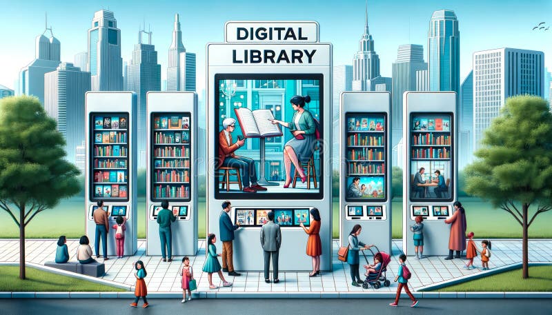 Literario lumens citys bibliotecas digitales iluminan mentes que ofrecen interacciones virtuales entre autores y narración digital ilustración del vector