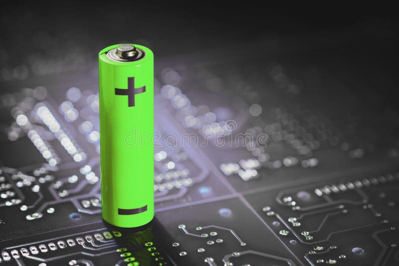 A Lithiumion Battery Stands on the Background of Electronic Circuit