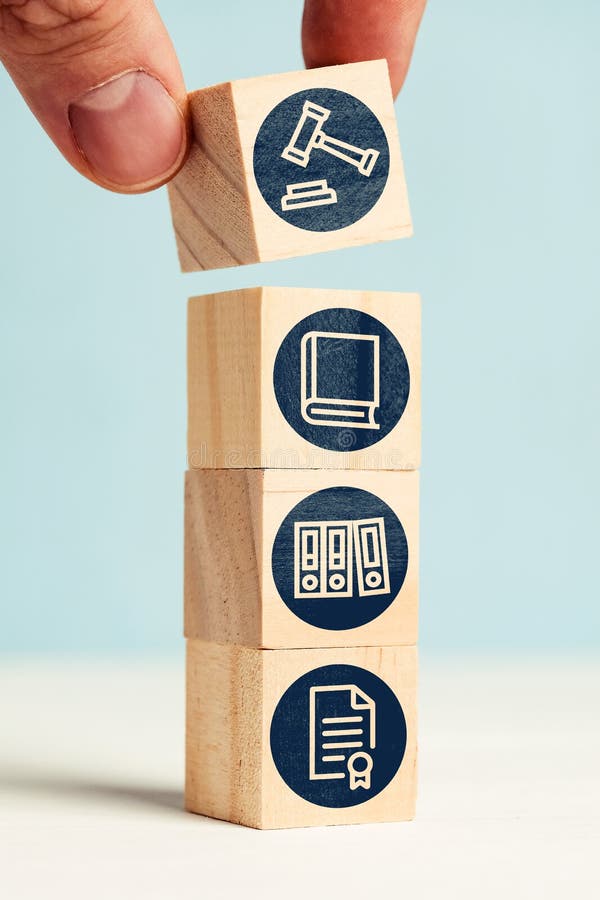 Litigation office work concept on abstract cubes with icons stock photo