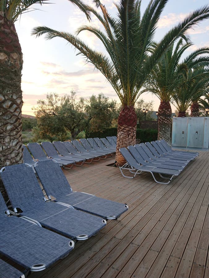 Lits de Sun sous des palmiers en Grèce image libre de droits