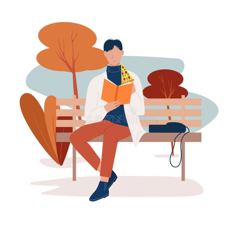 Litteraturfläkt. En stilig ung man sitter på en parkbänk och läser en bok och äter pizza royaltyfri illustrationer