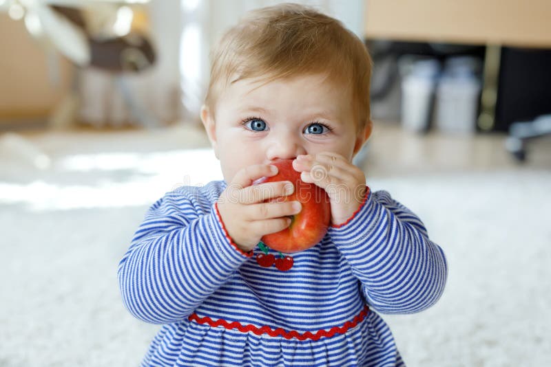 Little adorable baby girl eating big red apple. Vitamin and healthy food for small children. Portrait of beautiful child