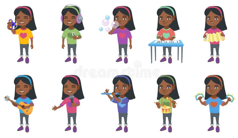 Little african-american girl set. Girl blowing soap bubbles, playing the piano, accordion, acoustic guitar, flute, drum, tambourine. Set of vector cartoon illustrations isolated on white background. Little african-american girl set. Girl blowing soap bubbles, playing the piano, accordion, acoustic guitar, flute, drum, tambourine. Set of vector cartoon illustrations isolated on white background.