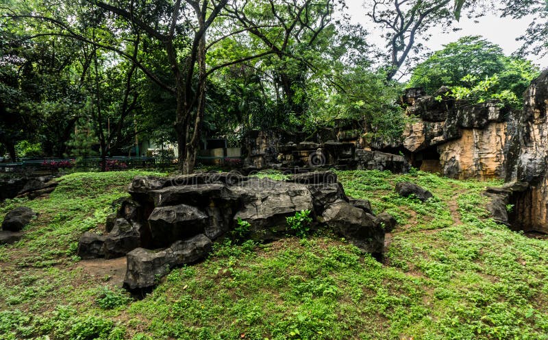 A Little Artificial Hill With Rocks Made From Cement Surrounding By