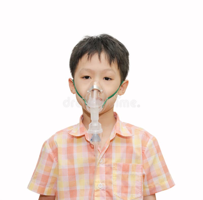 Little Asian Boy with Asthma Using Oxygen Mask on White Backgro Stock