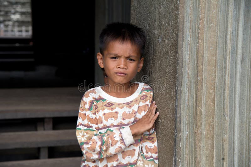 Little Asian Boy Posing In Angkor Wat Temple Editorial 