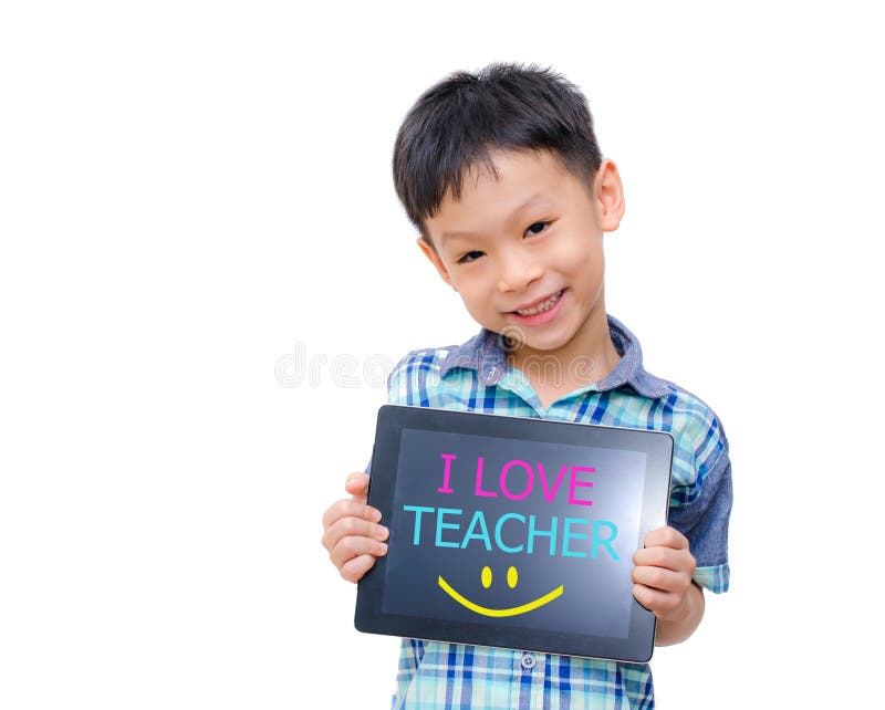 Little asian boy smiles with tablet computer on white background