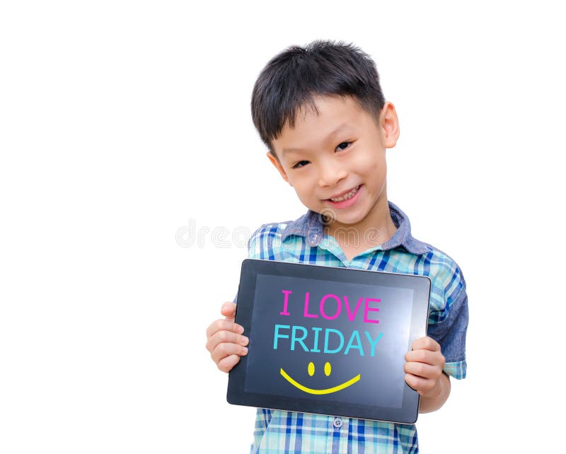 Little asian boy smiles with tablet computer on white background