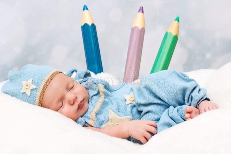 Little Baby Born with Big Crayons Stock Image Image of baby, dreaming