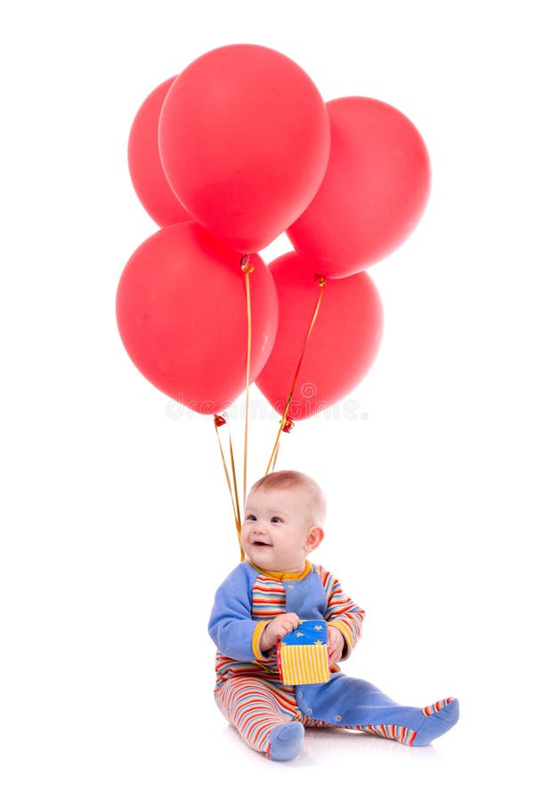 Little Boy Red Blue And White Balloons Stock Photo - Image of hold ...