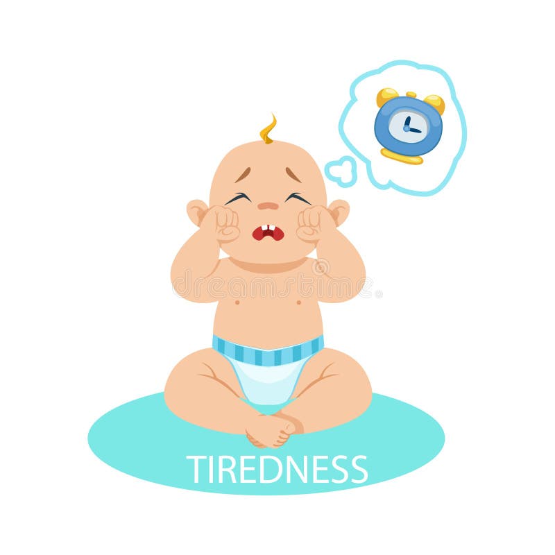 Little Baby Boy In Nappy Tired And Wants To Sleep, Part Of Reasons Of Infant Being Unhappy And Crying Cartoon Illustration Collection. Infancy And Parenthood Info Vector Drawings With Explanations Why Toddler Is Upset.