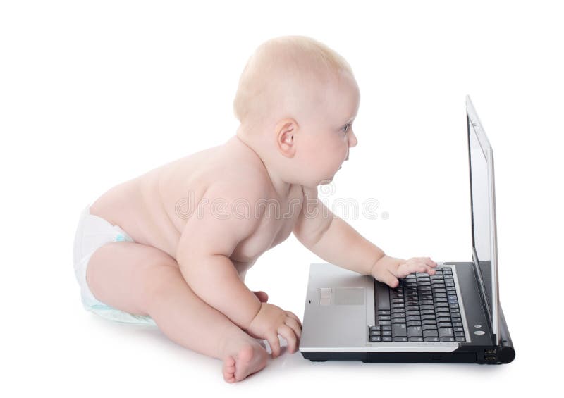 The little baby with the laptop stock images