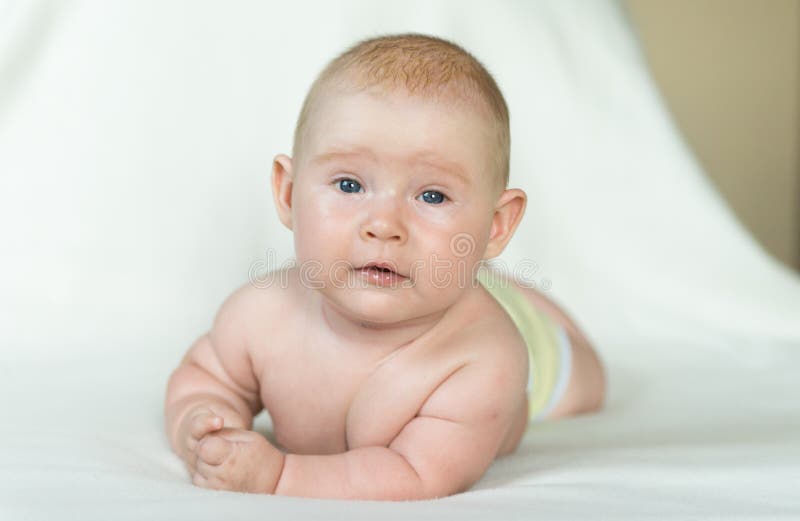 Little Baby Laying On The White Blanket Stock Photo Image Of Happy