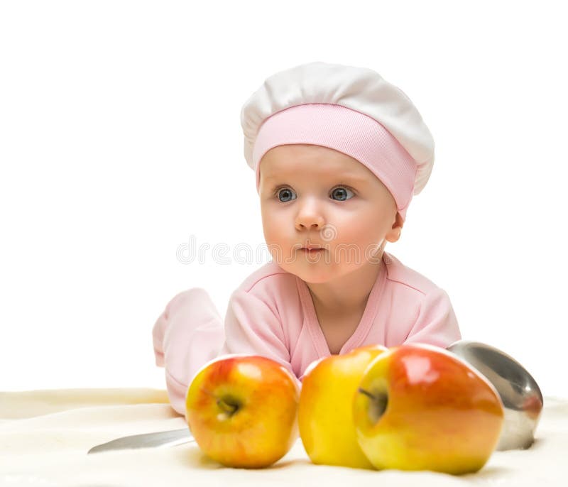 Little Baby is Looking into the Camera and Apple Stock Image Image of